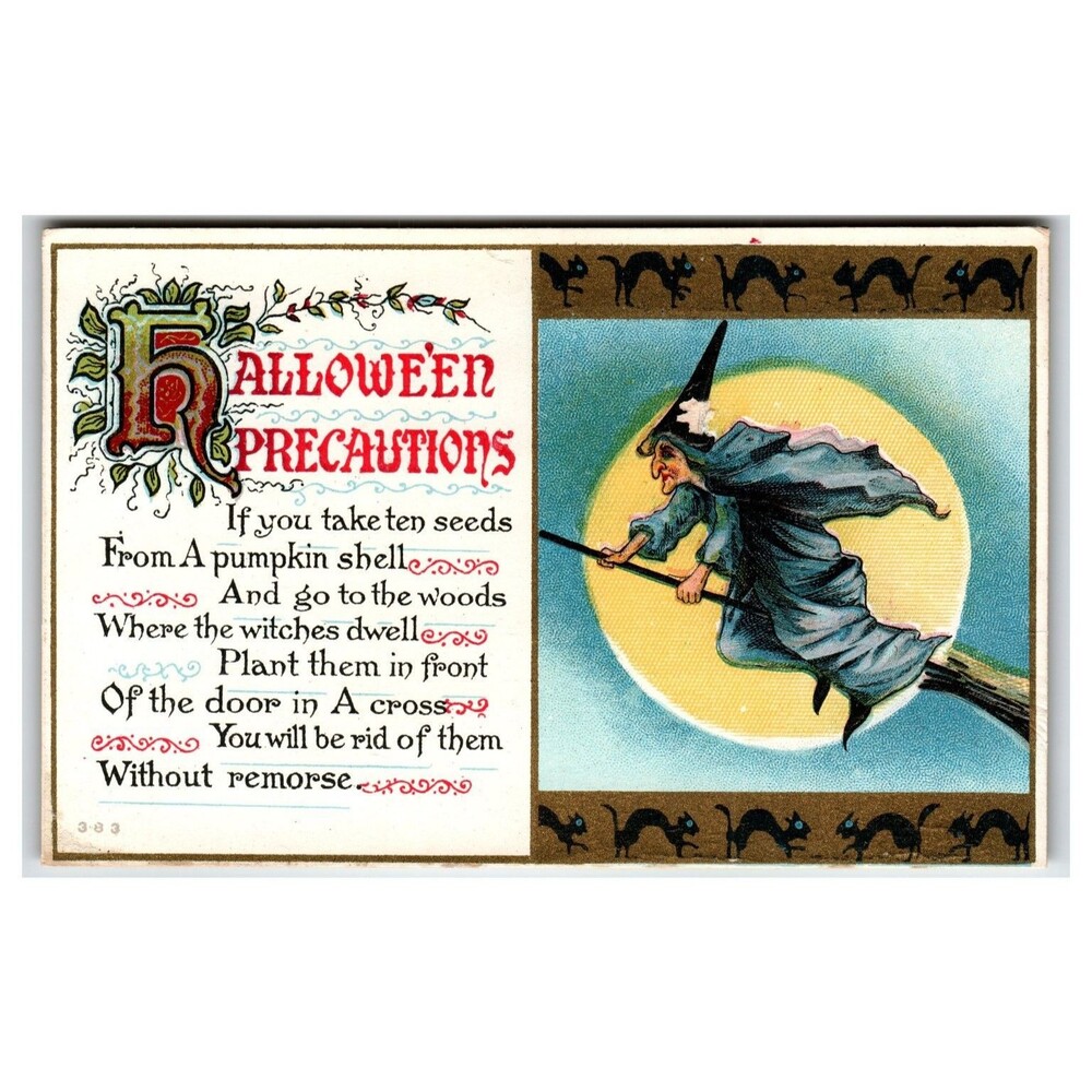 Vintage Halloween Precautions Postcard Witch on Broom Moon Black Cats Poem